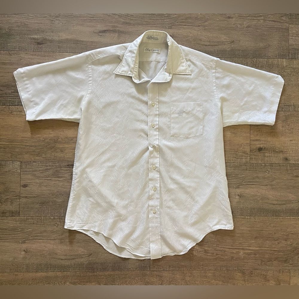 Vintage Silkalure Oleg Cassini men’s XL white textured print button down shirt
